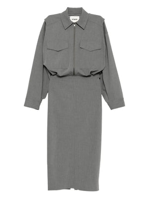 Scout Dress in Static Grey by Staud showing structured zip-front design and utility pockets.