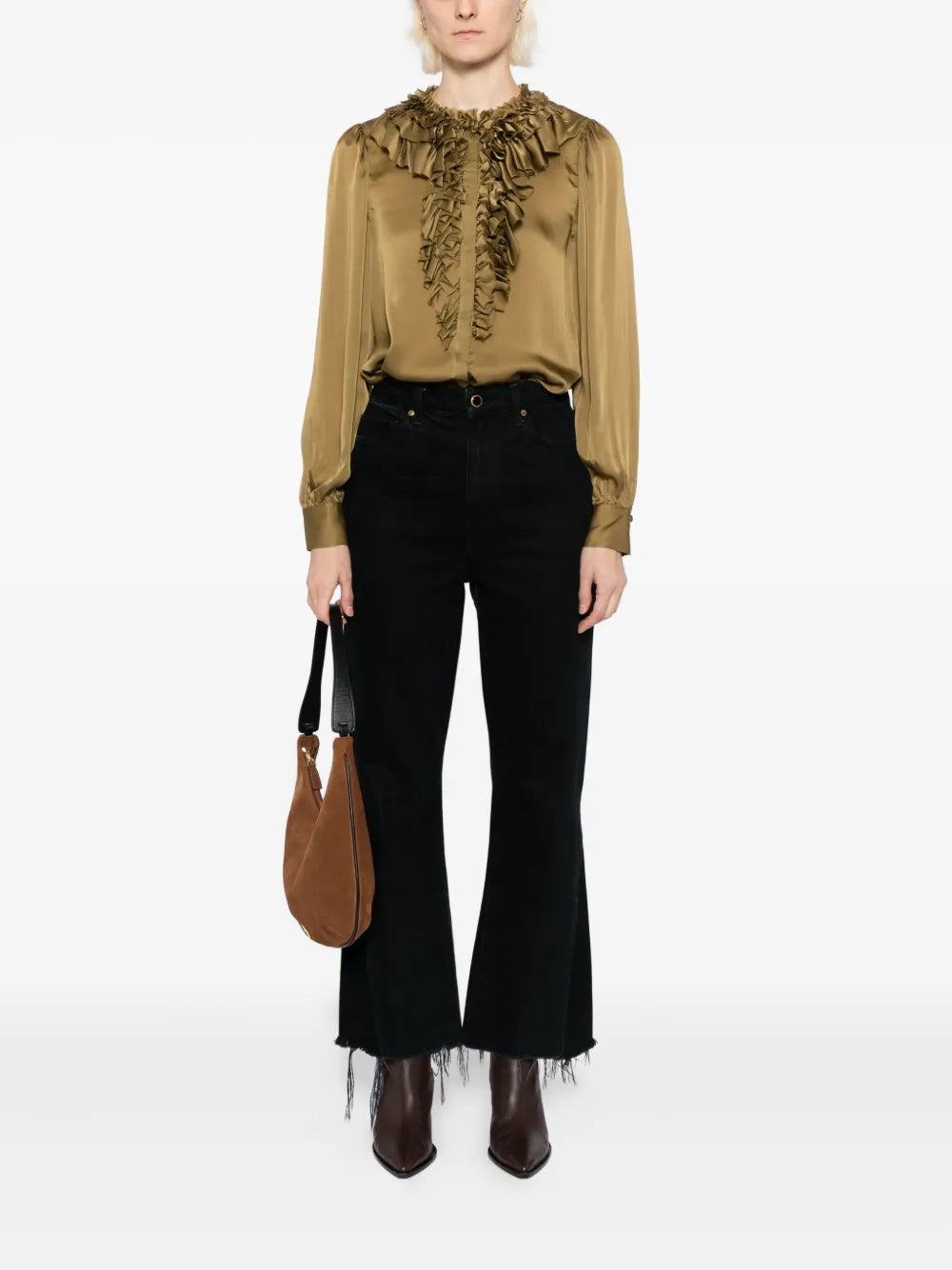 Close-up of Rouen Blouse in Willow, featuring the luxurious satin-faced silk chiffon and rich olive green color.
