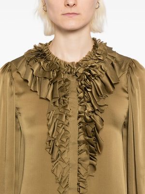 Detail shot of the Rouen Blouse in Willow's fabric, illustrating the subtle luster of the silk chiffon material.
