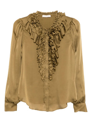 Rouen Blouse in Willow by Ulla Johnson showcasing elegant gathered sleeves and layered ruffles in lightweight silk chiffon.