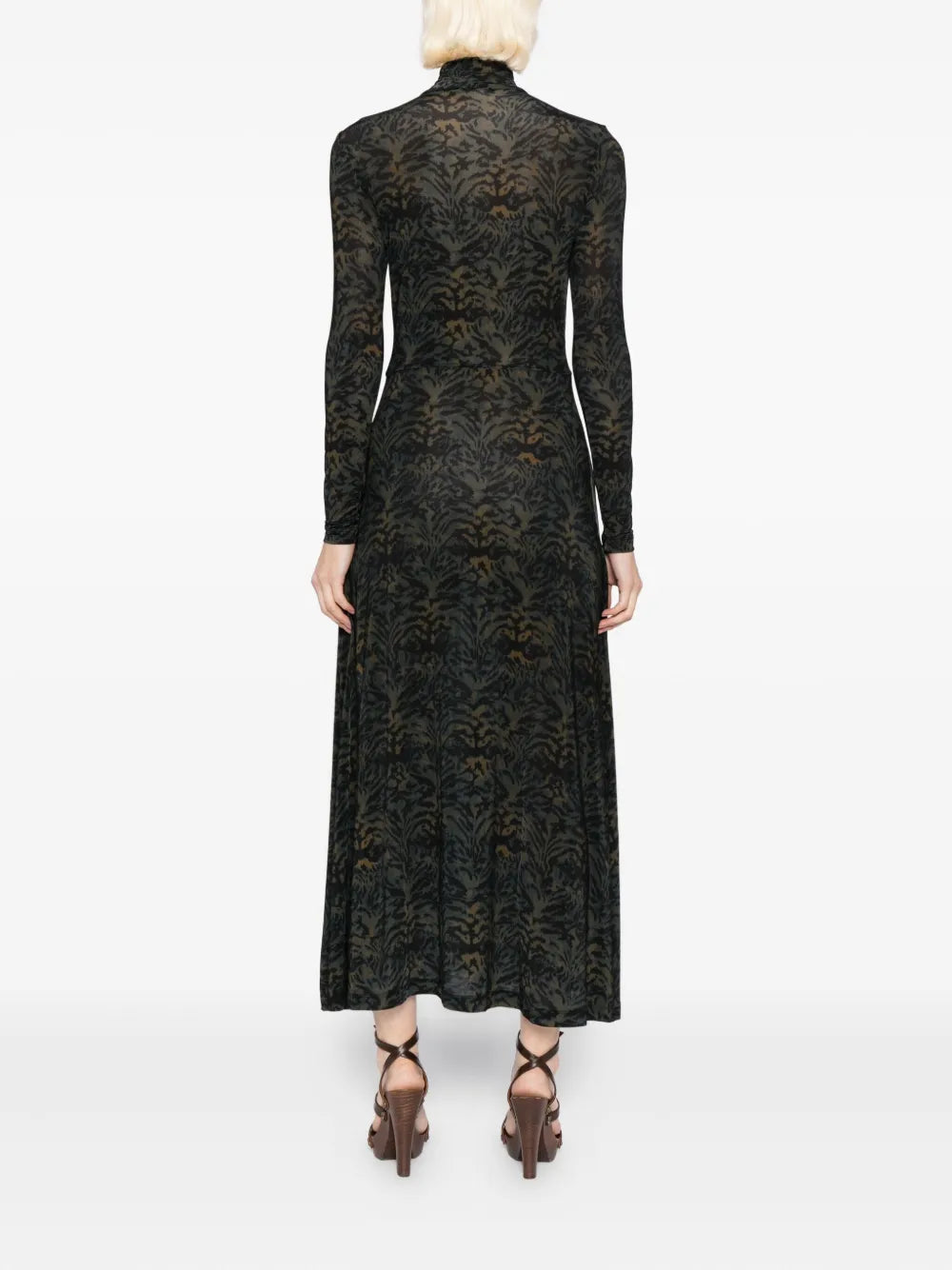 Back view of Koa Dress in Desert Jasper, illustrating the elegant flowing design and luxurious fabric by Ulla Johnson.