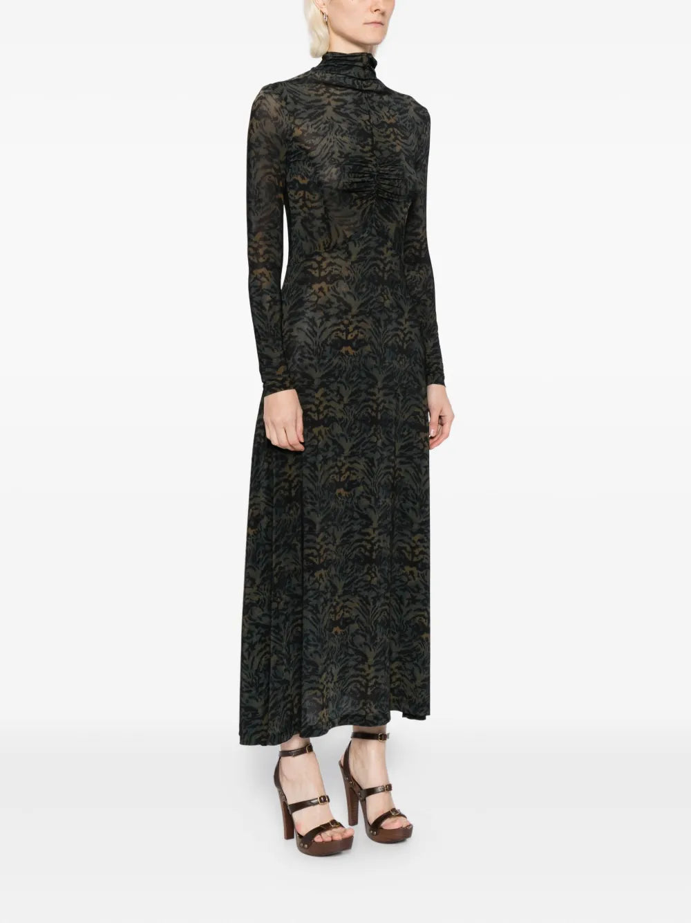 Model wearing Koa Dress in Desert Jasper, perfect for a chic summer look with a flattering maxi silhouette.