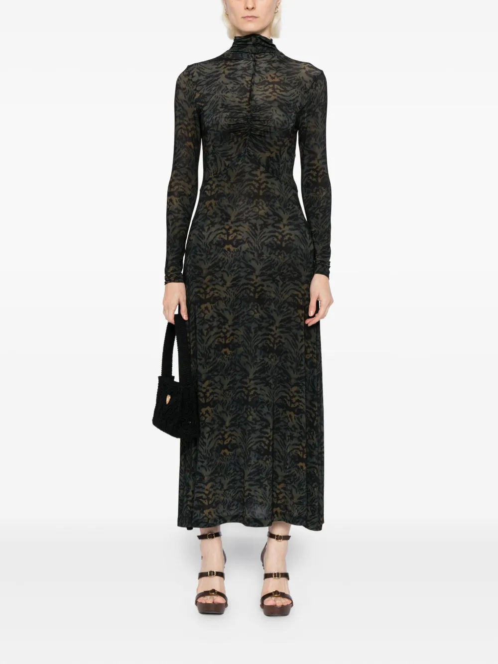 Close-up of Ulla Johnson's Koa Dress in Desert Jasper highlights the intricate ruched front and vibrant colors.