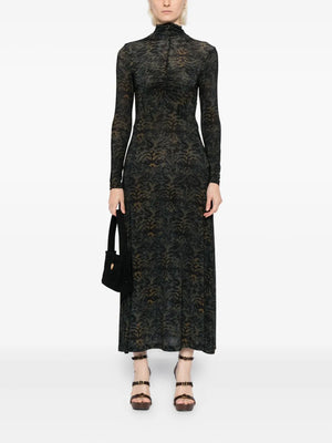 Close-up of Ulla Johnson's Koa Dress in Desert Jasper highlights the intricate ruched front and vibrant colors.