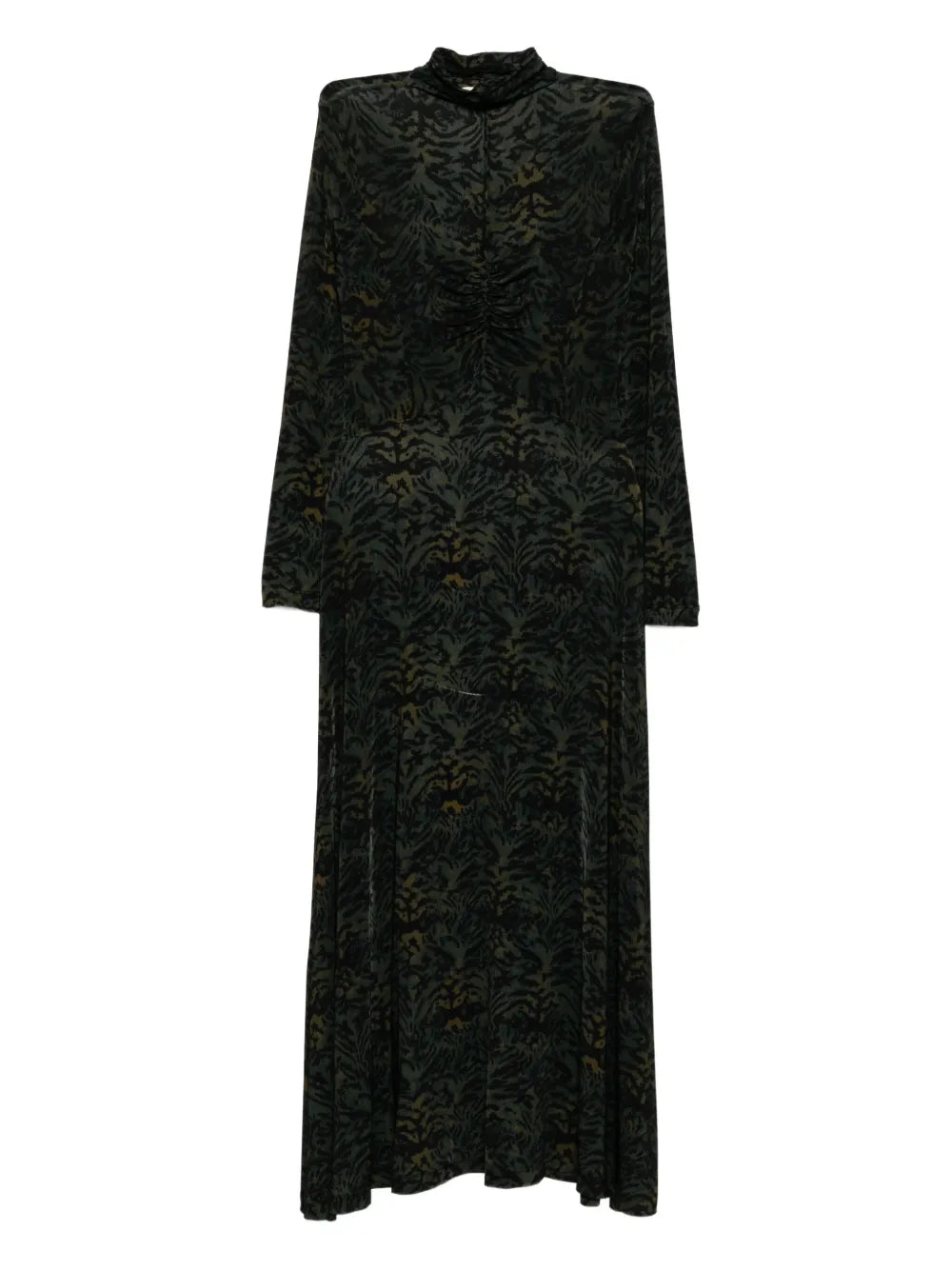 Koa Dress in Desert Jasper showcasing its silky-soft tricot jersey material and flattering ruched front design by Ulla Johnson.