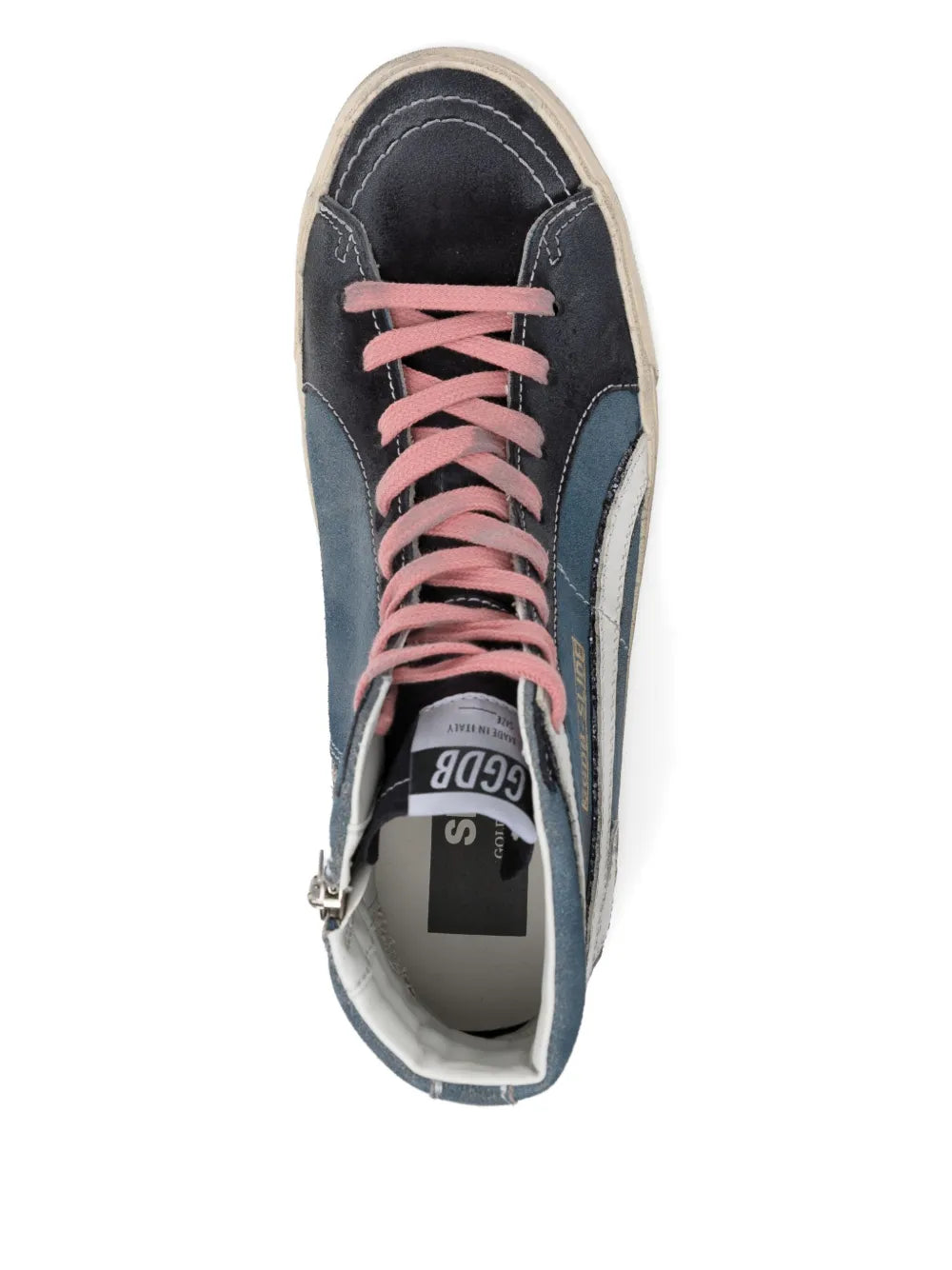 Rear view of Golden Goose Slide Classic sneakers in Blue Denim with navy suede and pink laces.
