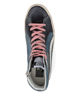 Rear view of Golden Goose Slide Classic sneakers in Blue Denim with navy suede and pink laces.