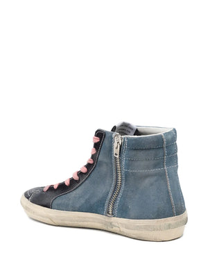 Close-up of Golden Goose Slide Classic Blue Denim sneakers, highlighting unique star and flash design.