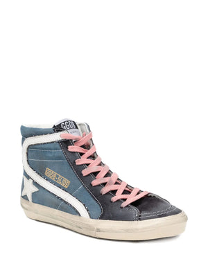 Side view of Golden Goose Slide Classic sneakers in Blue Denim, showcasing suede and leather details.