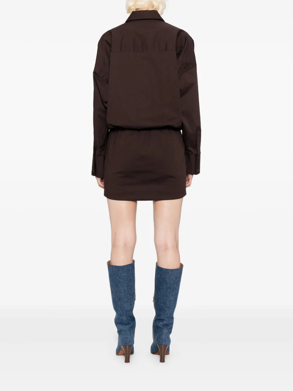 Cynthia Dress in Earth by Staud, highlighting the long sleeves and cotton fabric in a light, casual setting.