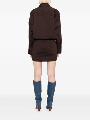 Cynthia Dress in Earth by Staud, highlighting the long sleeves and cotton fabric in a light, casual setting.
