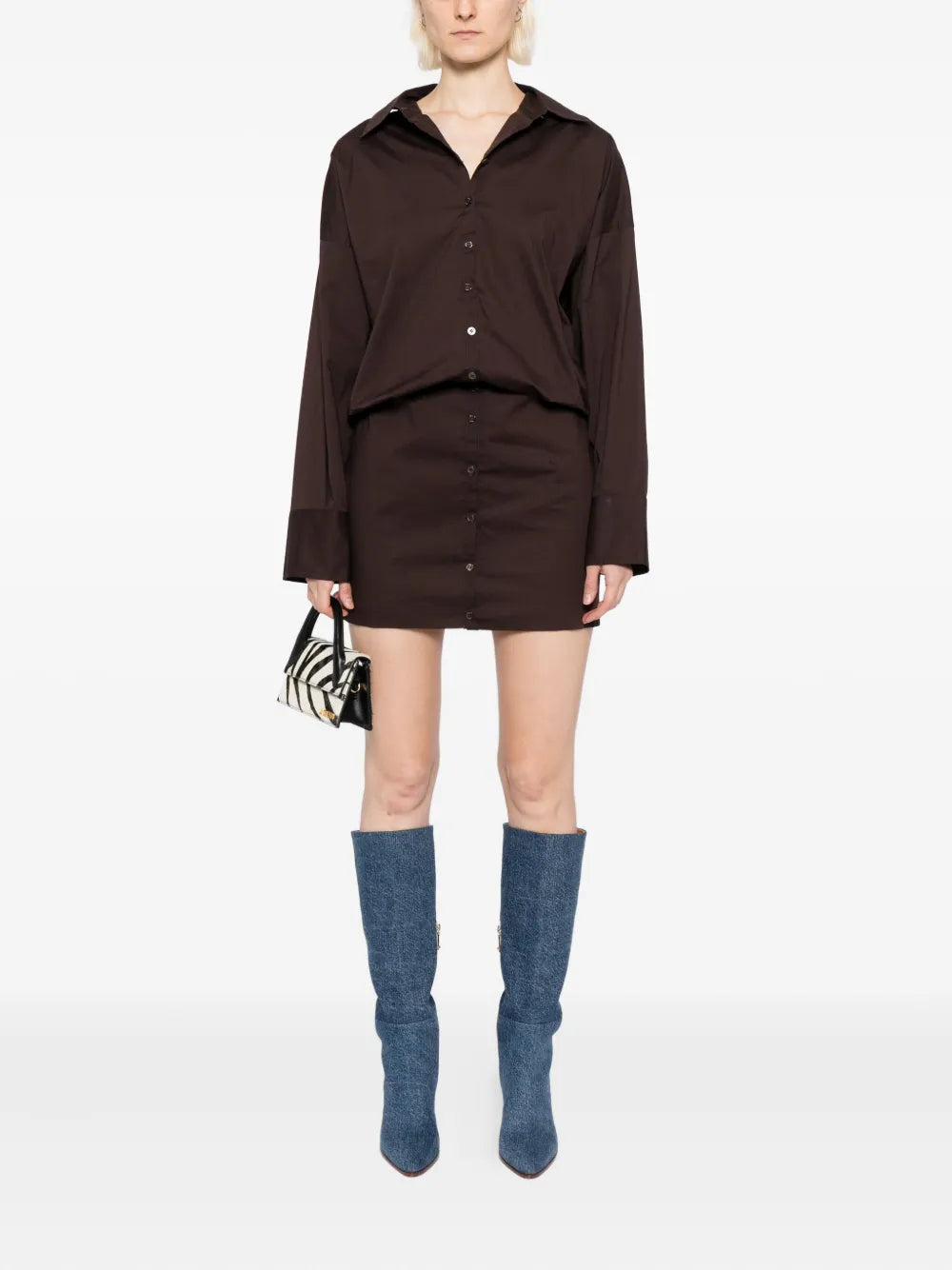Close-up of the Cynthia Dress in Earth by Staud showcasing its button-down detail and earthy color.