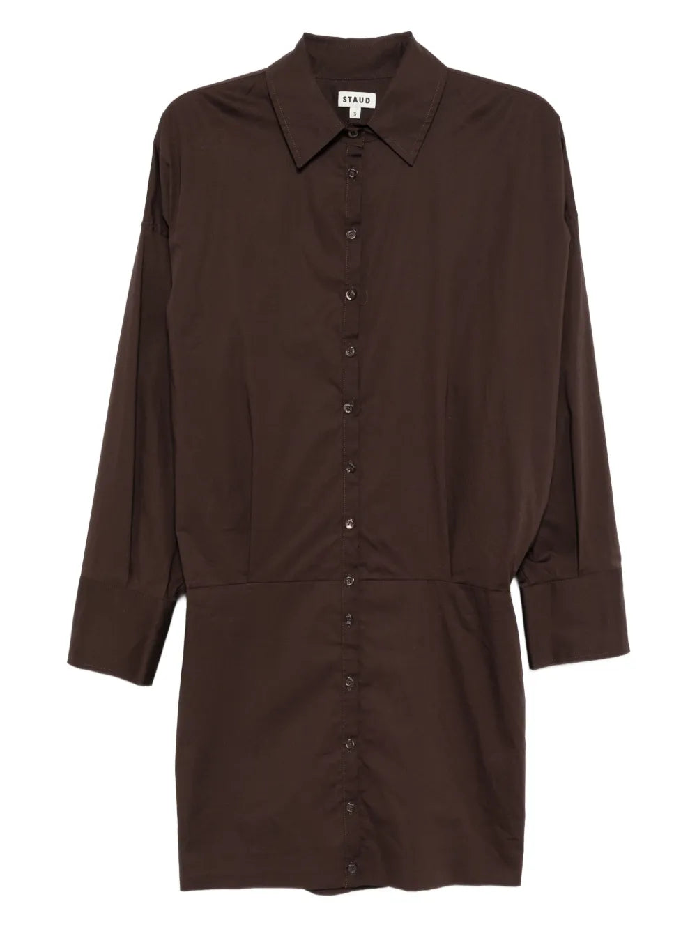 Cynthia Dress in Earth by Staud featuring a mini button-down silhouette with long sleeves, crafted from soft cotton poplin.
