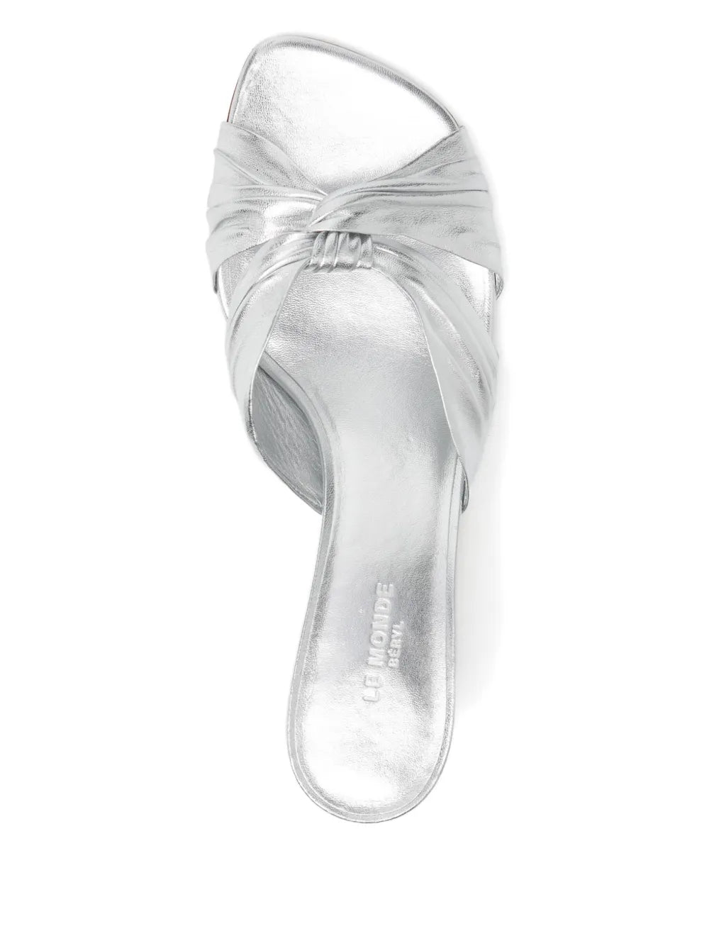 Antonia Kitten Heel in Silver from Le Monde Béryl displayed with intricate details and luxurious leather.