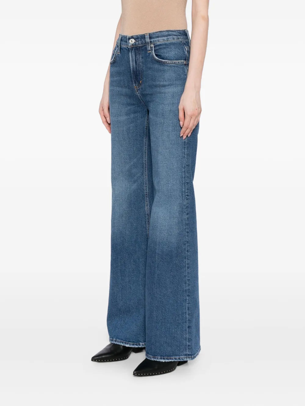 Side view of the Kimberly 70's Flare in Cruise, detailing the contouring waist and classic 70s flare leg opening for a vintage look.