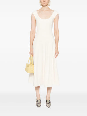 Close-up of Staud Charlotte Dress in Ecru with a-line skirt and elegant design details.
