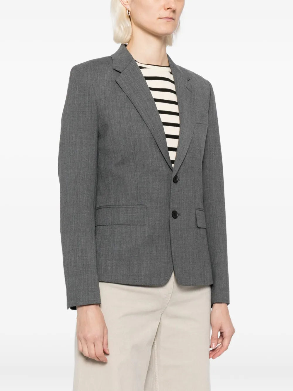 Close-up of the Ysee Blazer in Heather Grey by Nili Lotan, displaying the blend of Polyester, Virgin Wool, and Elastane.