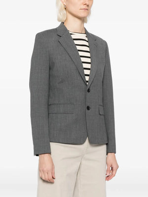 Close-up of the Ysee Blazer in Heather Grey by Nili Lotan, displaying the blend of Polyester, Virgin Wool, and Elastane.
