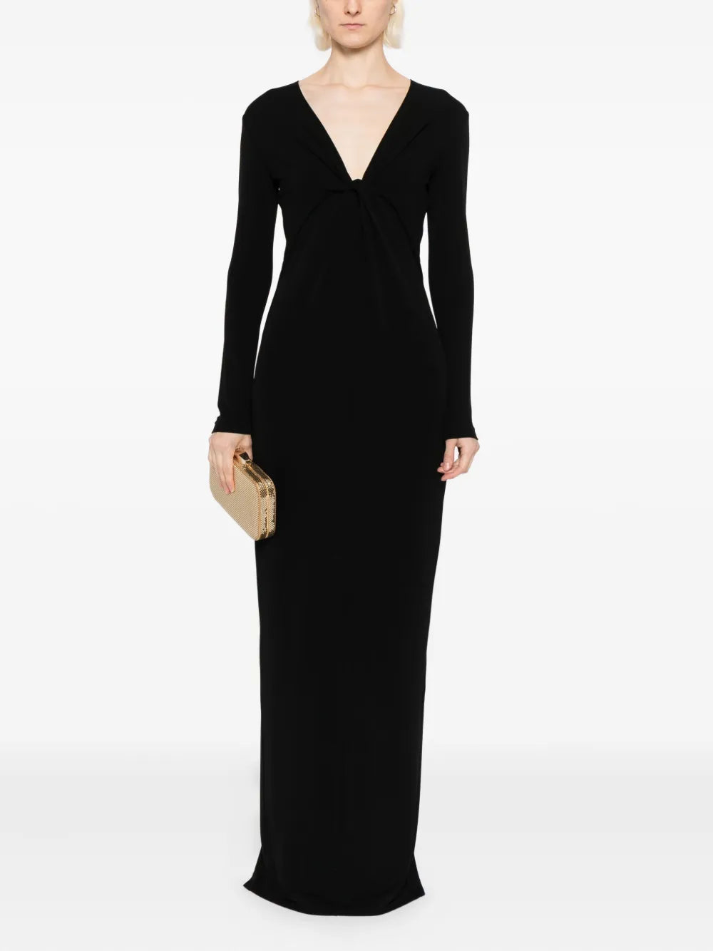Close-up view of the Tavi Dress in Black by Nili Lotan, highlighting the jersey knit fabric and long sleeves.