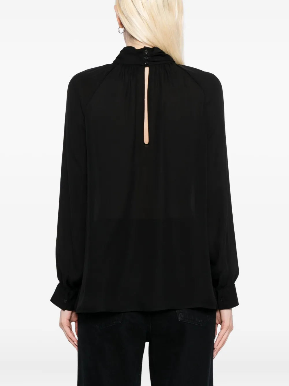 Back view of the chic Axelle Blouse in Black showing the stylish keyhole design by ZOË.