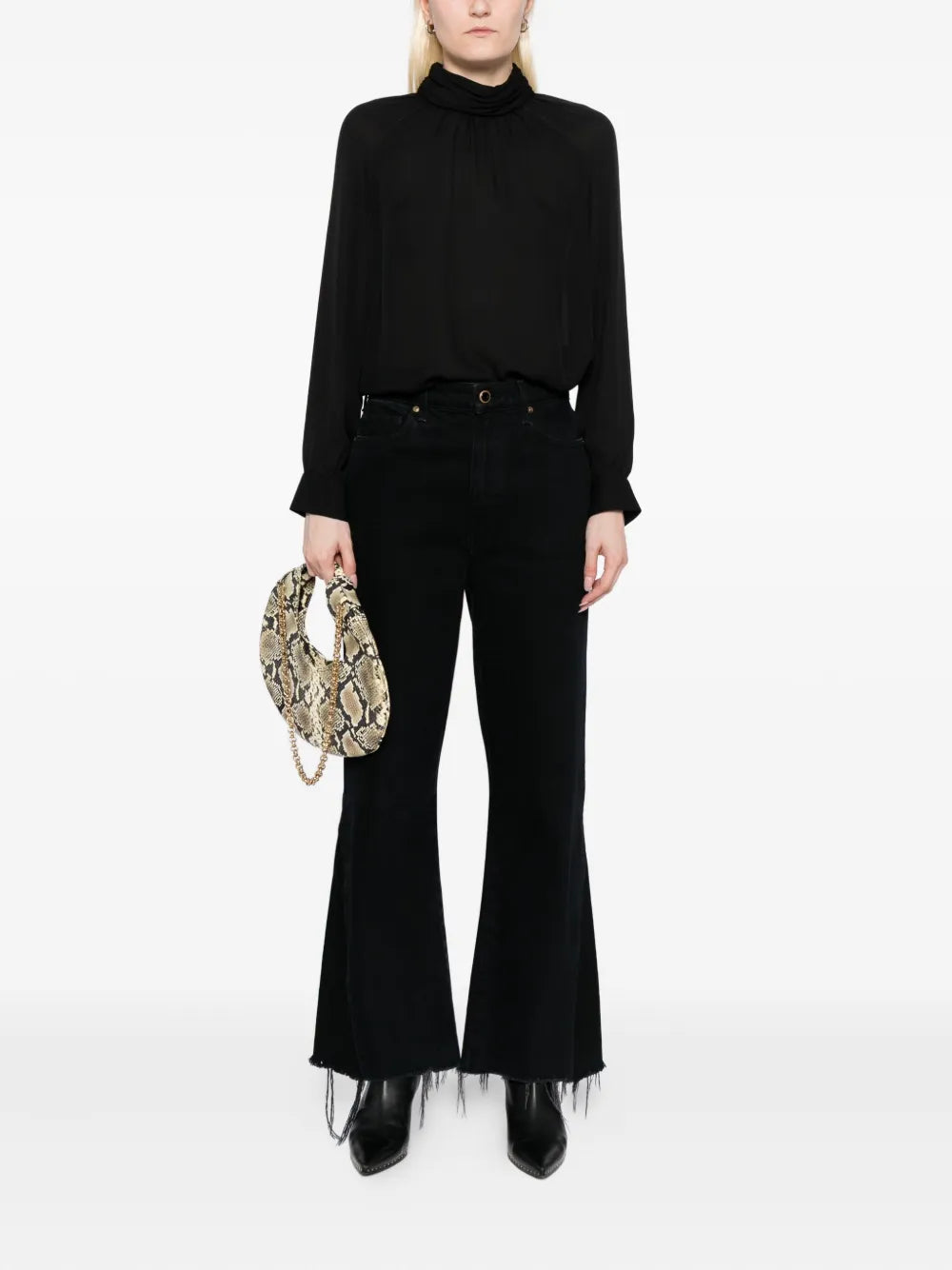 Stylish look of the Axelle Blouse in Black featuring extended keyhole back by ZOË.