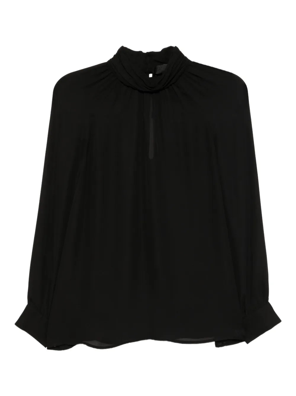 Elegant Axelle Blouse in Black by ZOË with gathered high neck and silk fabric.