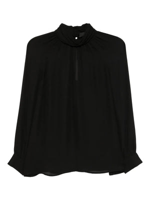 Elegant Axelle Blouse in Black by ZOË with gathered high neck and silk fabric.