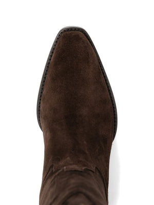 Side profile of Hilda Boot in Ebony Suede, highlighting its chic design by Paris Texas.