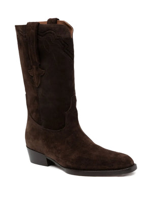 Close-up view of the Hilda Boot in Ebony Suede showcasing Western-style embroidery.