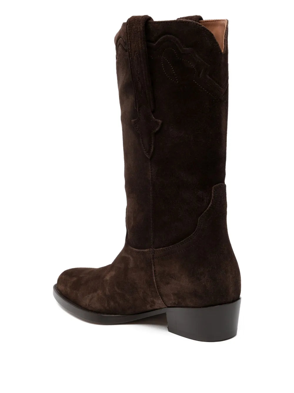 Elegant Hilda Boot in Ebony Suede featuring waxed calf suede material and a 35mm heel.