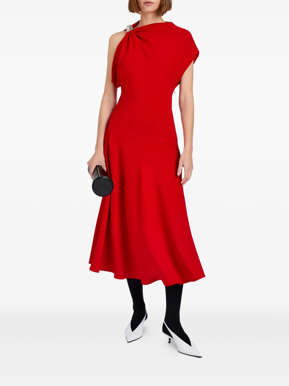Elegant Rue Dress in Red by Proenza Schouler with gold-toned hardware and fluid midi skirt.