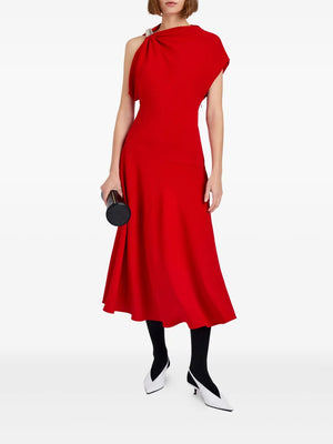 Elegant Rue Dress in Red by Proenza Schouler with gold-toned hardware and fluid midi skirt.