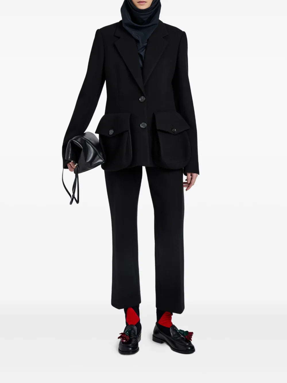 Close-up of the unique patch pockets on the Silva Jacket in Black by Proenza Schouler.