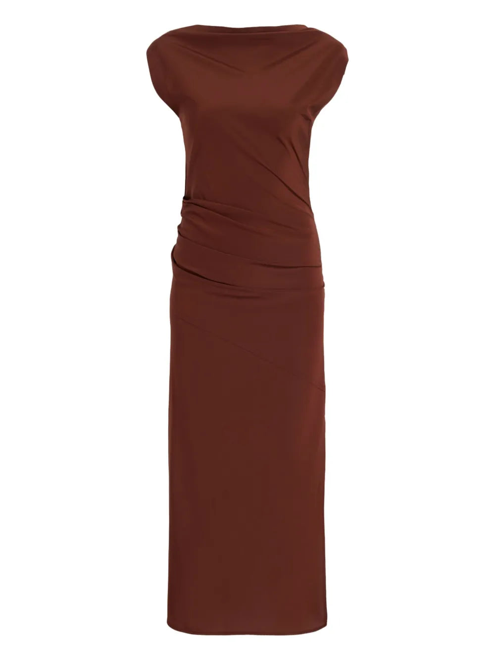 Proenza Schouler Tasa Dress in Mahogany featuring a slim silhouette and asymmetric neckline.