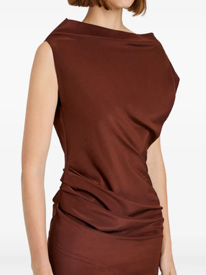 Back view of the Proenza Schouler Tasa Dress in Mahogany highlighting the elegant draping.