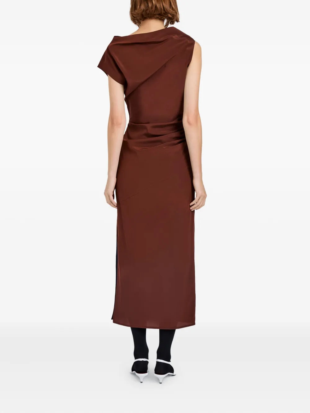 Side view of Proenza Schouler Tasa Dress in Mahogany showcasing its unique asymmetric neckline.