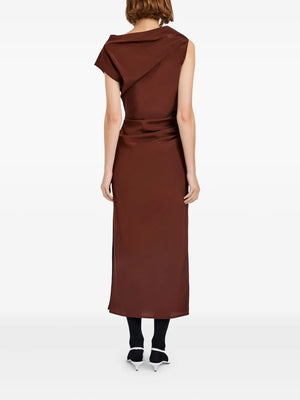 Side view of Proenza Schouler Tasa Dress in Mahogany showcasing its unique asymmetric neckline.