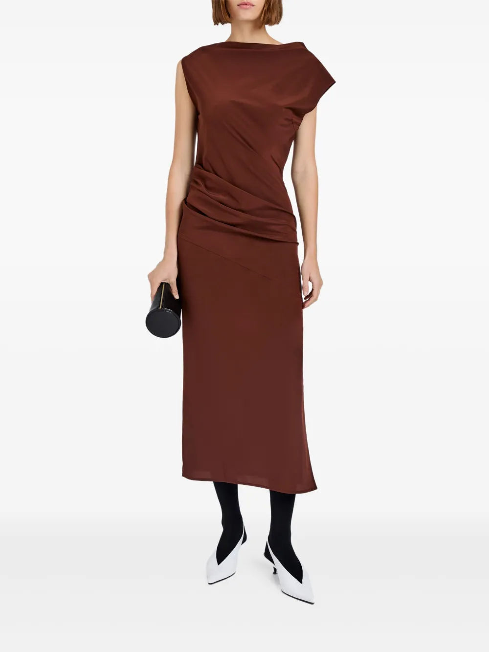 Close-up of the silky texture of Proenza Schouler's Tasa Dress in Mahogany.