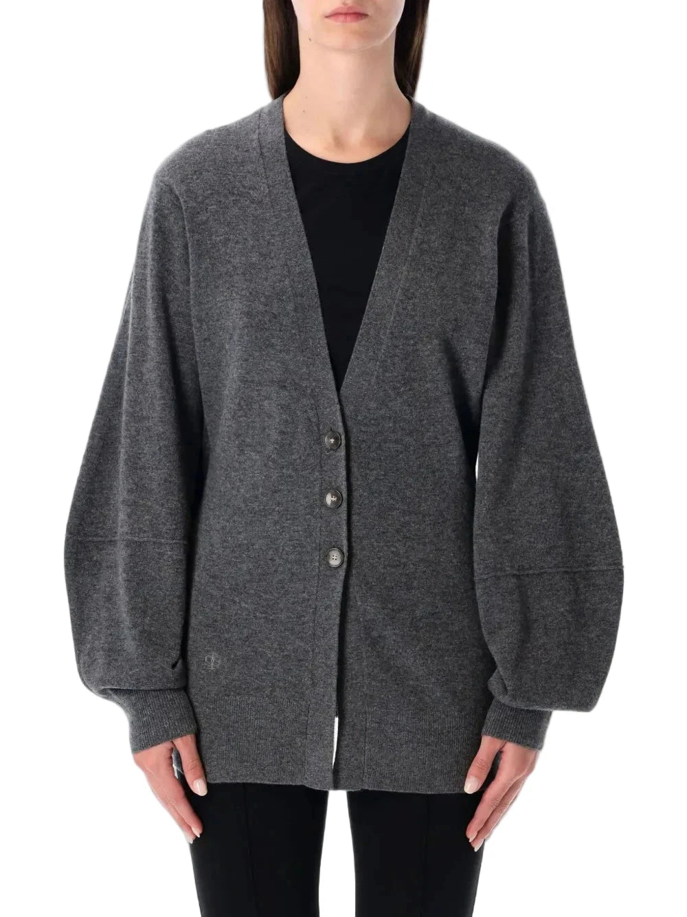 Como Sleeve Cardigan in Grey Melange showcasing a deep v-neck and stylish blouson sleeves, perfect for layering.