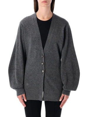 Como Sleeve Cardigan in Grey Melange showcasing a deep v-neck and stylish blouson sleeves, perfect for layering.