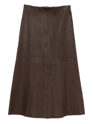 Simoas Leather Skirt in Carafe showcased on a model, featuring a flattering A-line silhouette and butter-soft panels of leather.