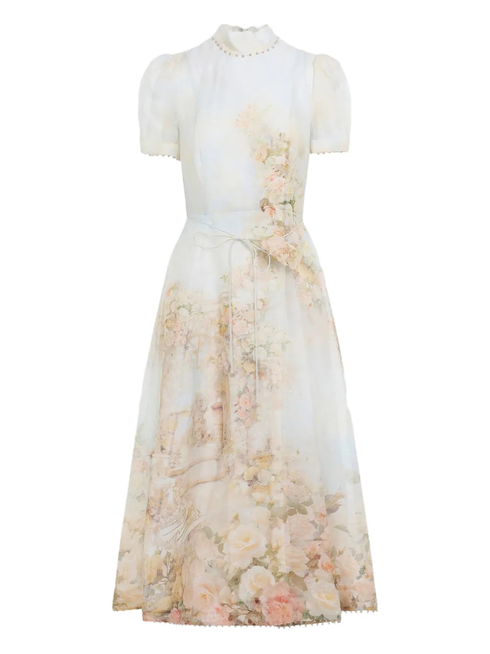 Memento Picnic Midi Dress in Rose Arbor showcasing its elegant stand collar and flared skirt design.