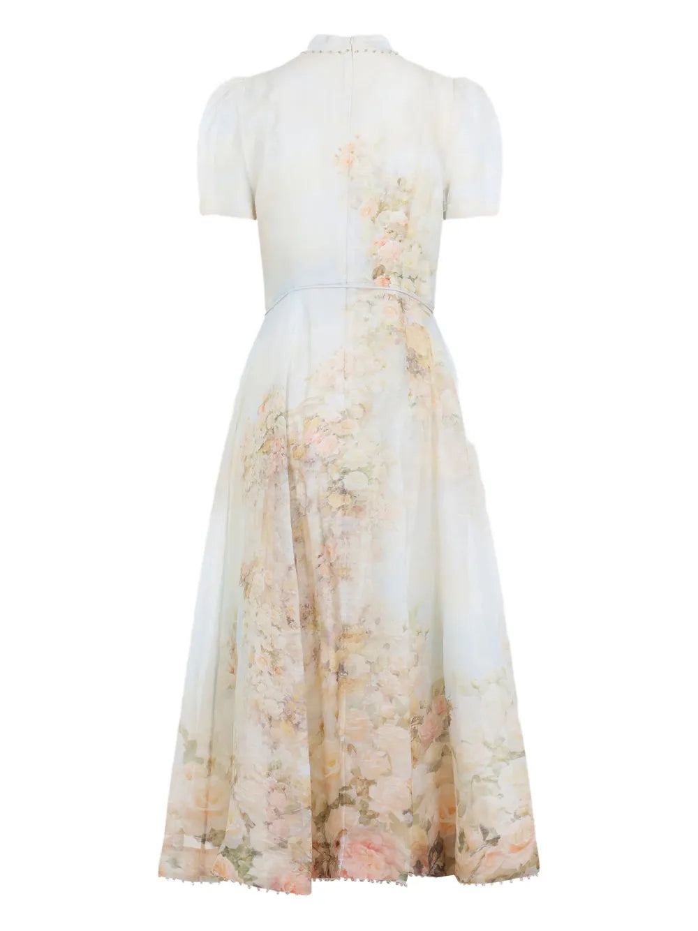Close-up of the luxurious fabric of Memento Picnic Midi Dress in Rose Arbor by Zimmermann, highlighting silk and linen blend.