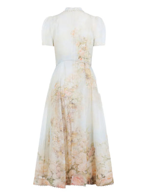 Close-up of the luxurious fabric of Memento Picnic Midi Dress in Rose Arbor by Zimmermann, highlighting silk and linen blend.