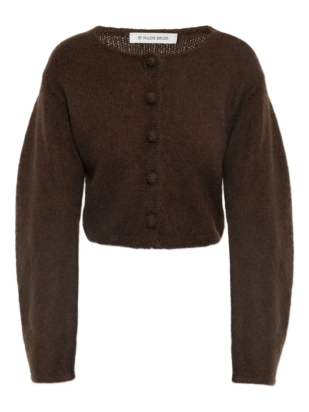 Zharea Cardigan in Dark Mahogany by By Malene Birger showcasing its soft mohair and wool blend material.