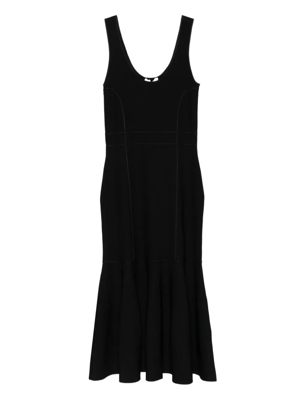Hypnotic Sculptural Midi Dress in Black showcased from the front, featuring a scoop neckline and flared hem.