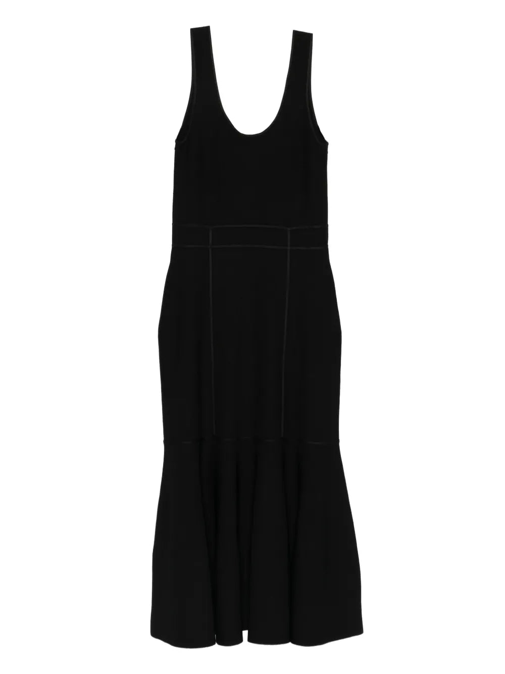Hypnotic Sculptural Midi Dress in Black displayed from the side, highlighting its knit fabric and elegant silhouette.