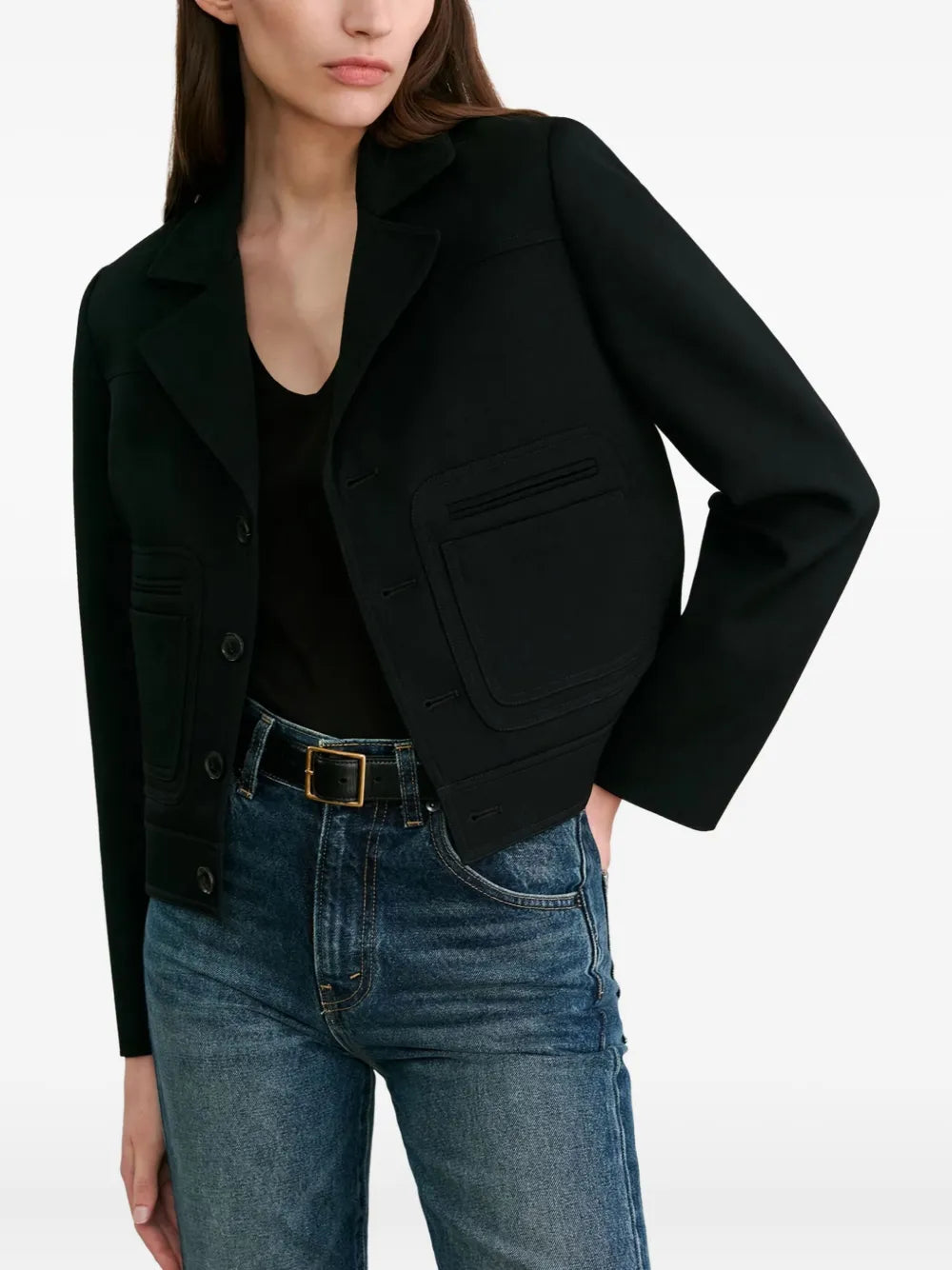Back view of Georgy Jacket in Black highlighting the double needle stitch and hem back detail.