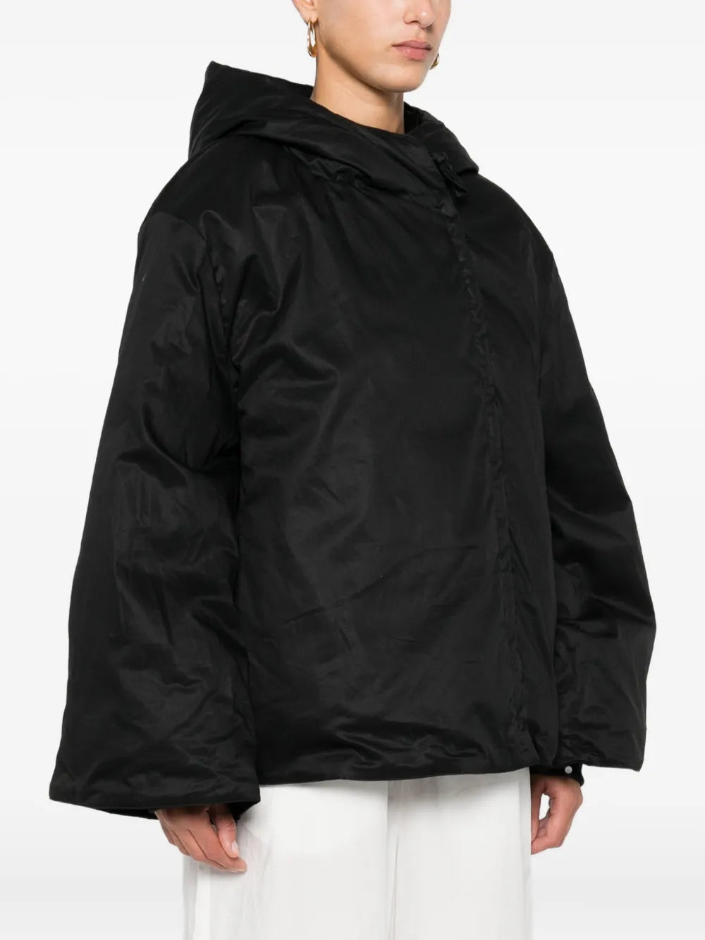 Sallie Jacket in Black worn on a model, emphasizing its voluminous silhouette and comfy design.