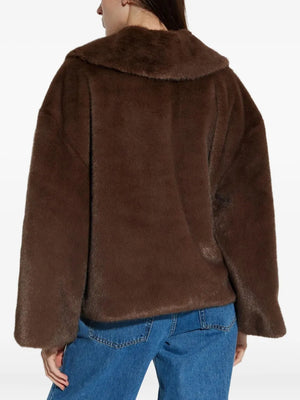 Back view of the Jacquie Faux Fur Jacket in Carafe, highlighting its elegant silhouette and hidden closure.